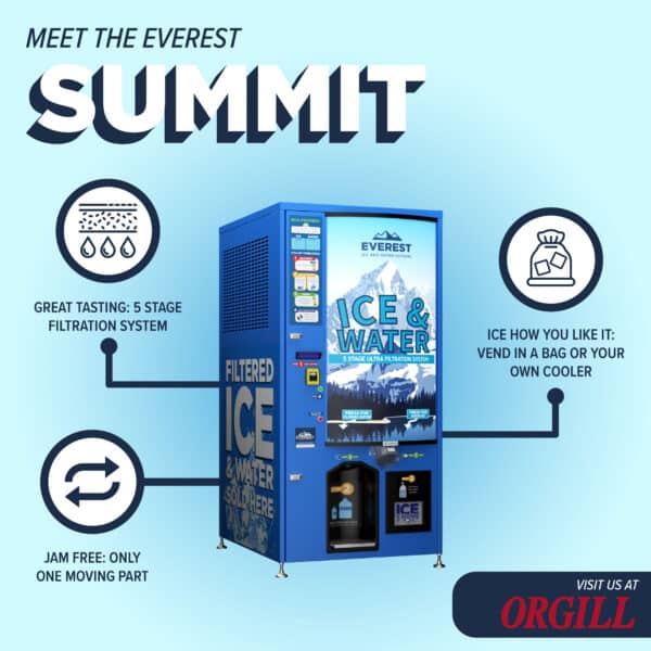 Meet the Everest Summit, great tasting 5 stage filtration system, ice how you like it: vend in a bag or your own cooler, and jam free: only one moving part